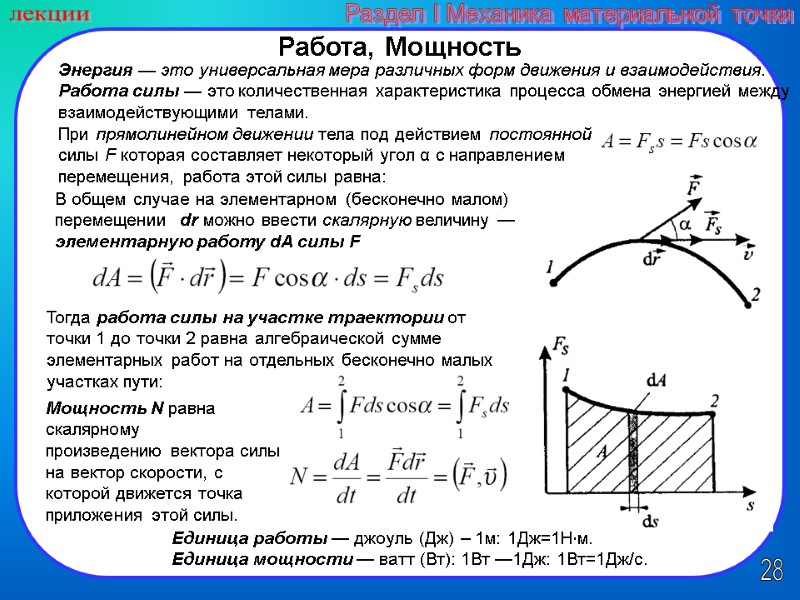 28 лекции Раздел I Механика материальной точки Работа, Мощность Энергия — это универсальная мера